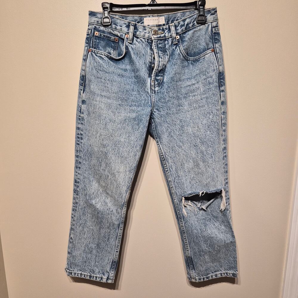 Topshop Editor 28 Petite Mom Jeans Light Acid Wash Distressed Ripped Knee
